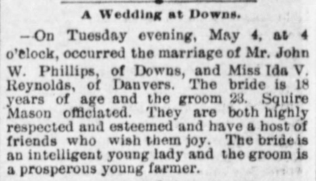 newspaper clipping discussing the marriage of John Phillips and Ida Reynolds