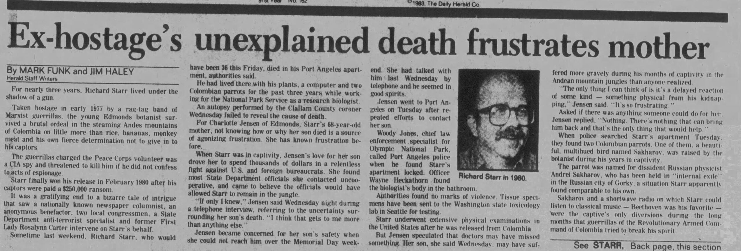newspaper clipping discussing the death of Richard Starr