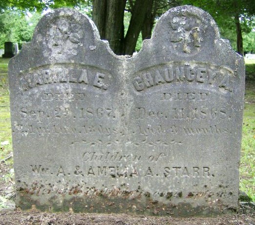 Twin grave markers with the names Marilla and Chauncey