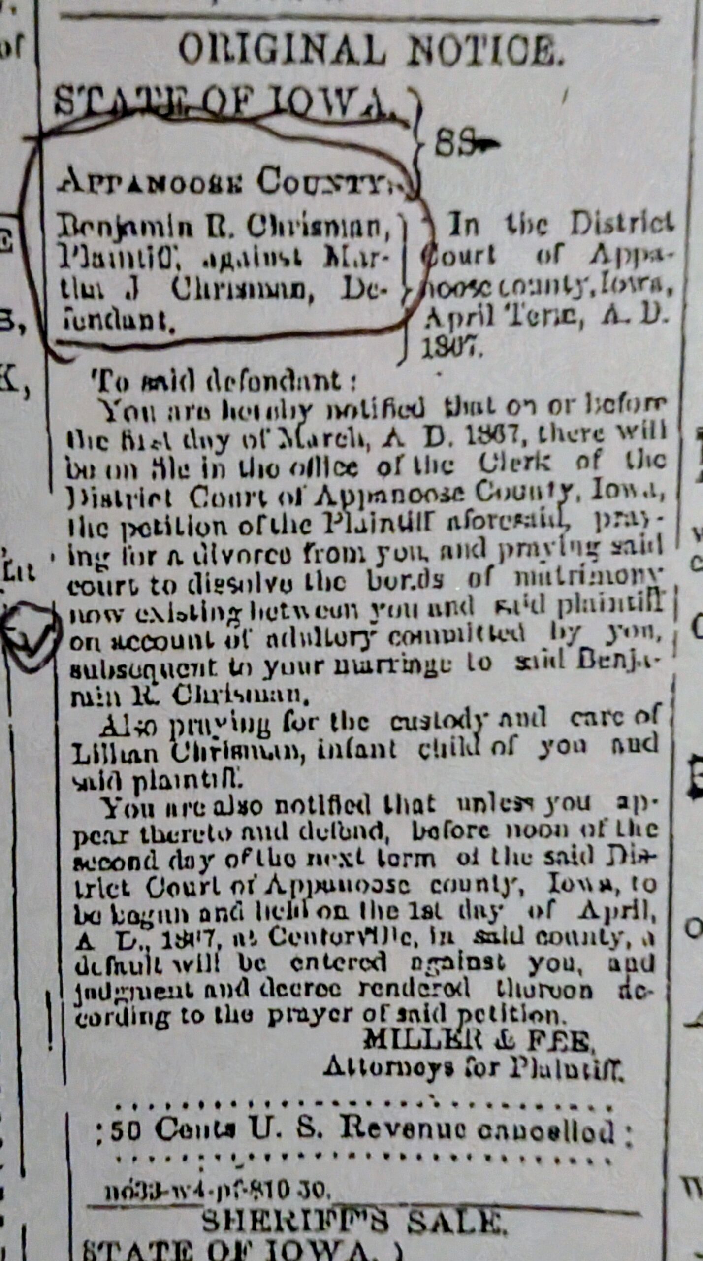 newspaper clipping of divorce announcement for Benjamin and Martha Chrisman