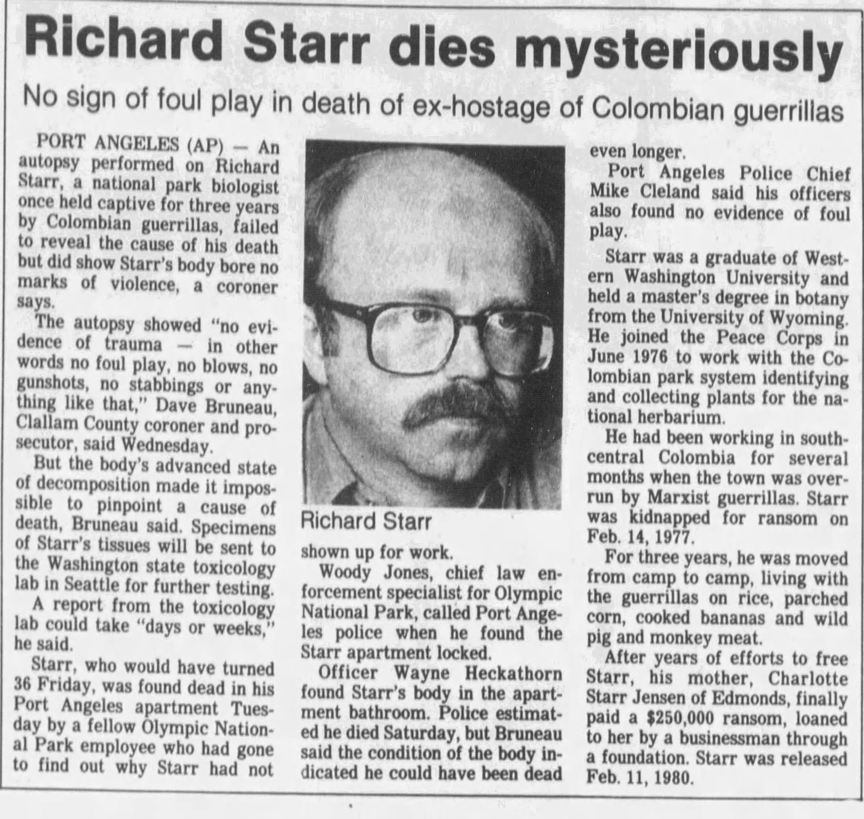 newspaper clipping discussing the death of Richard Starr