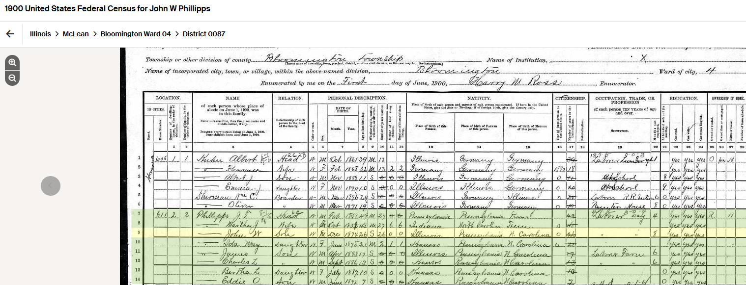 screenshot of census document showing the Philips family living on Hannah Street in Bloomington Township