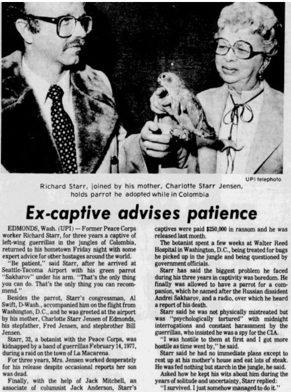 newspaper clipping discussing the Richard Starr's captivity and release