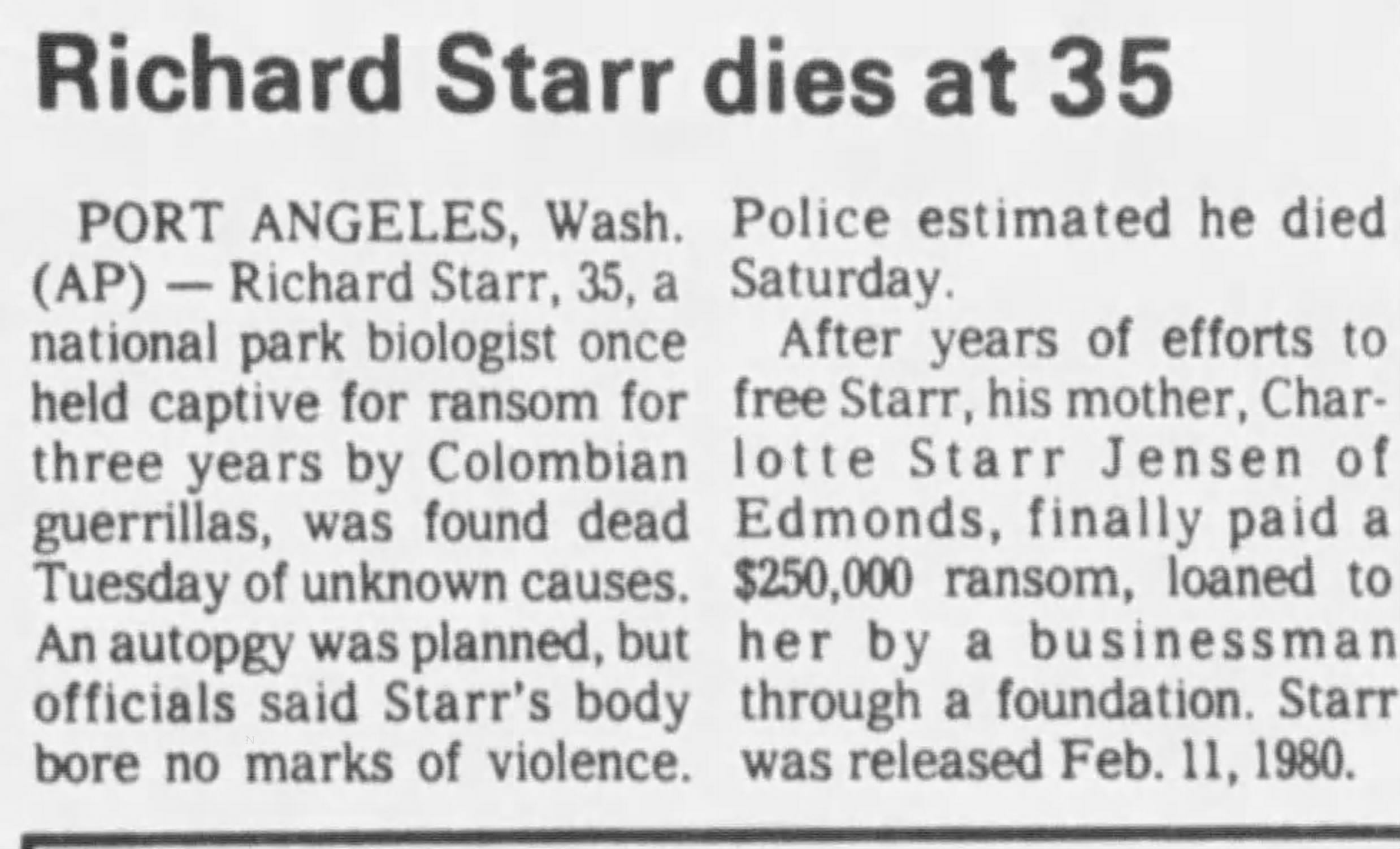 newspaper clipping discussing the death of Richard Starr