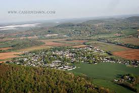 aerial view of small town set in a valley