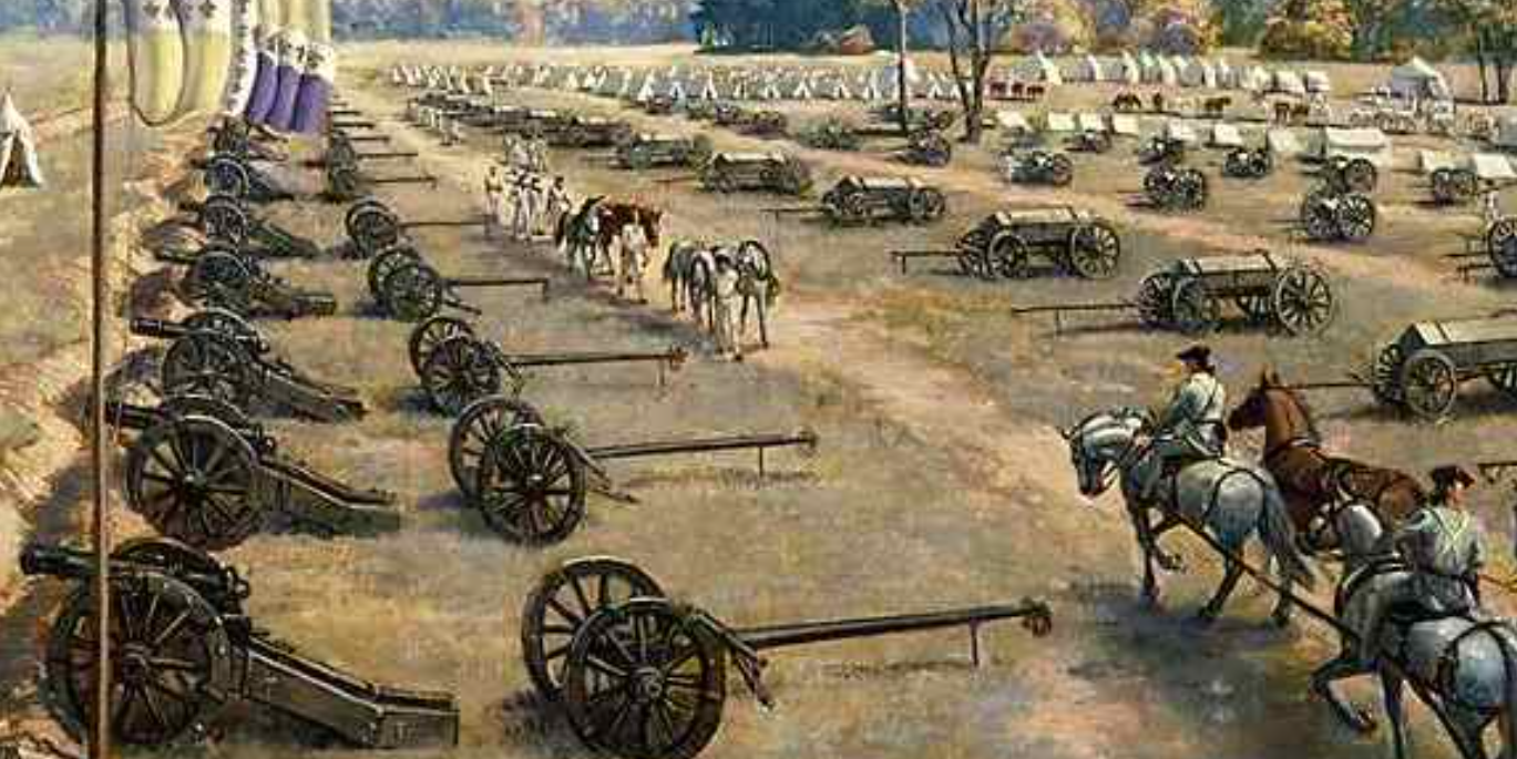 teams of horses file past lines of artillery wheels on one side and wagons on the other