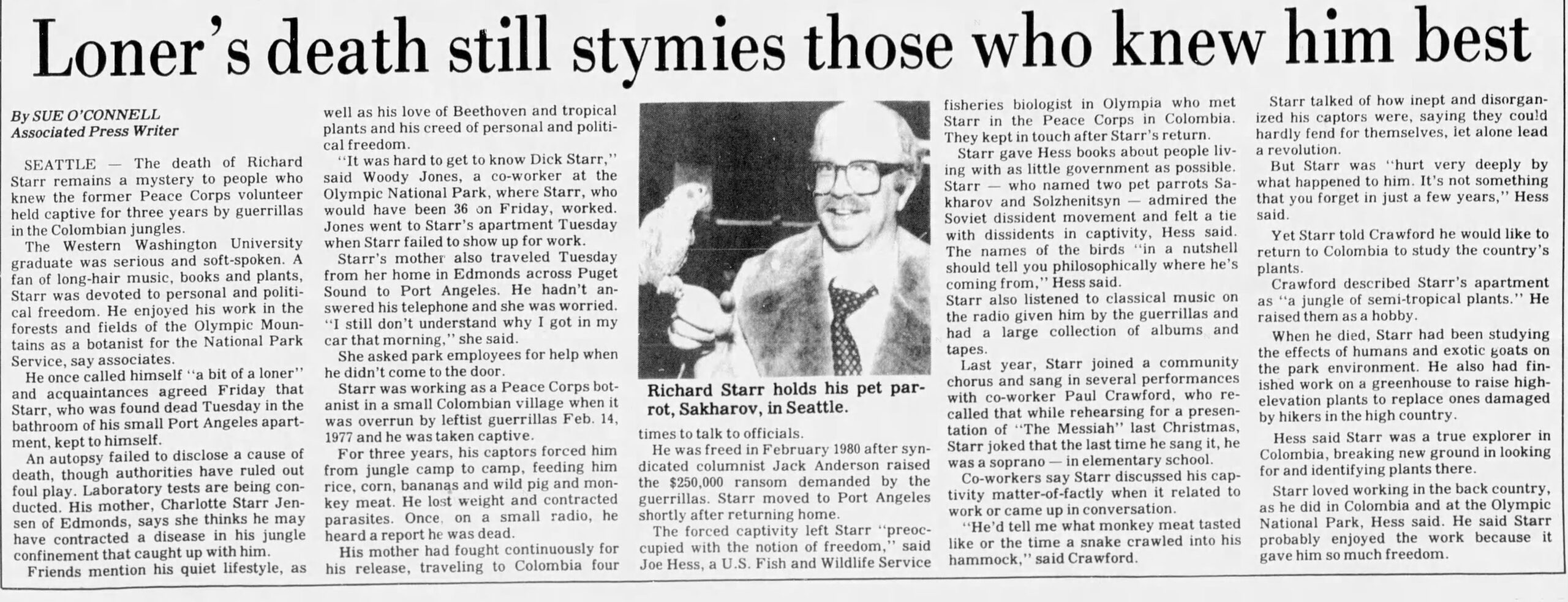 newspaper clipping discussing the death of Richard Starr