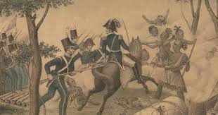 painting of uniformed soldiers on horseback and hand to hand fighting with swords and bayonets against Native Americans