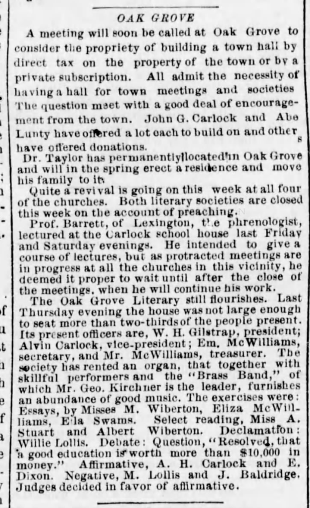 News clipping discussing Oak Grove activities