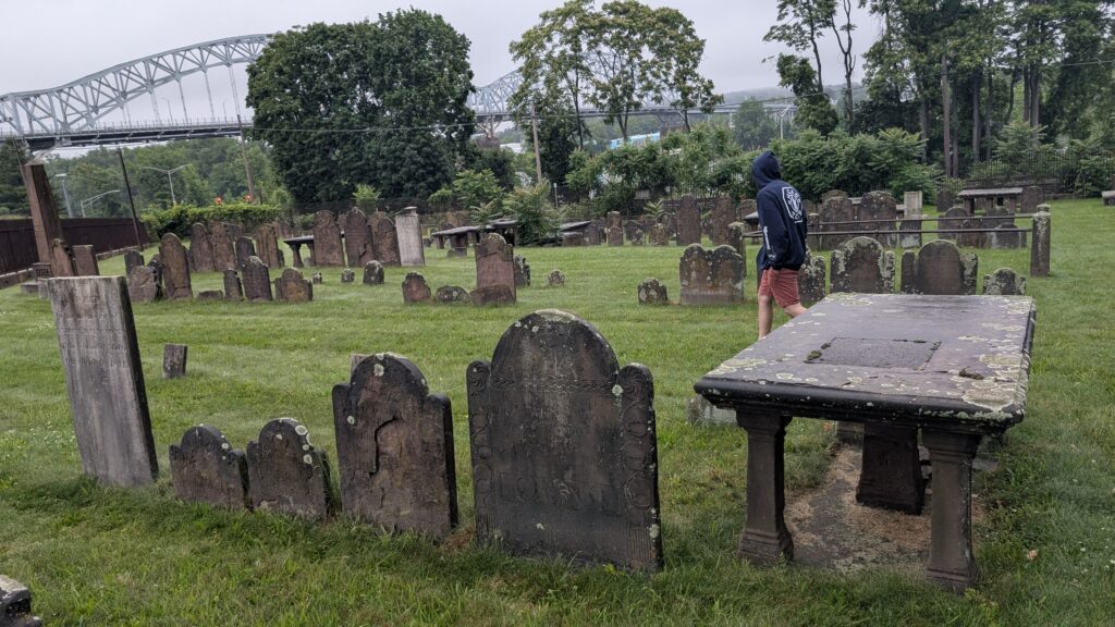 brownstone headstones dot the landscape of a cemetery overlooking a bridge with trees in the background