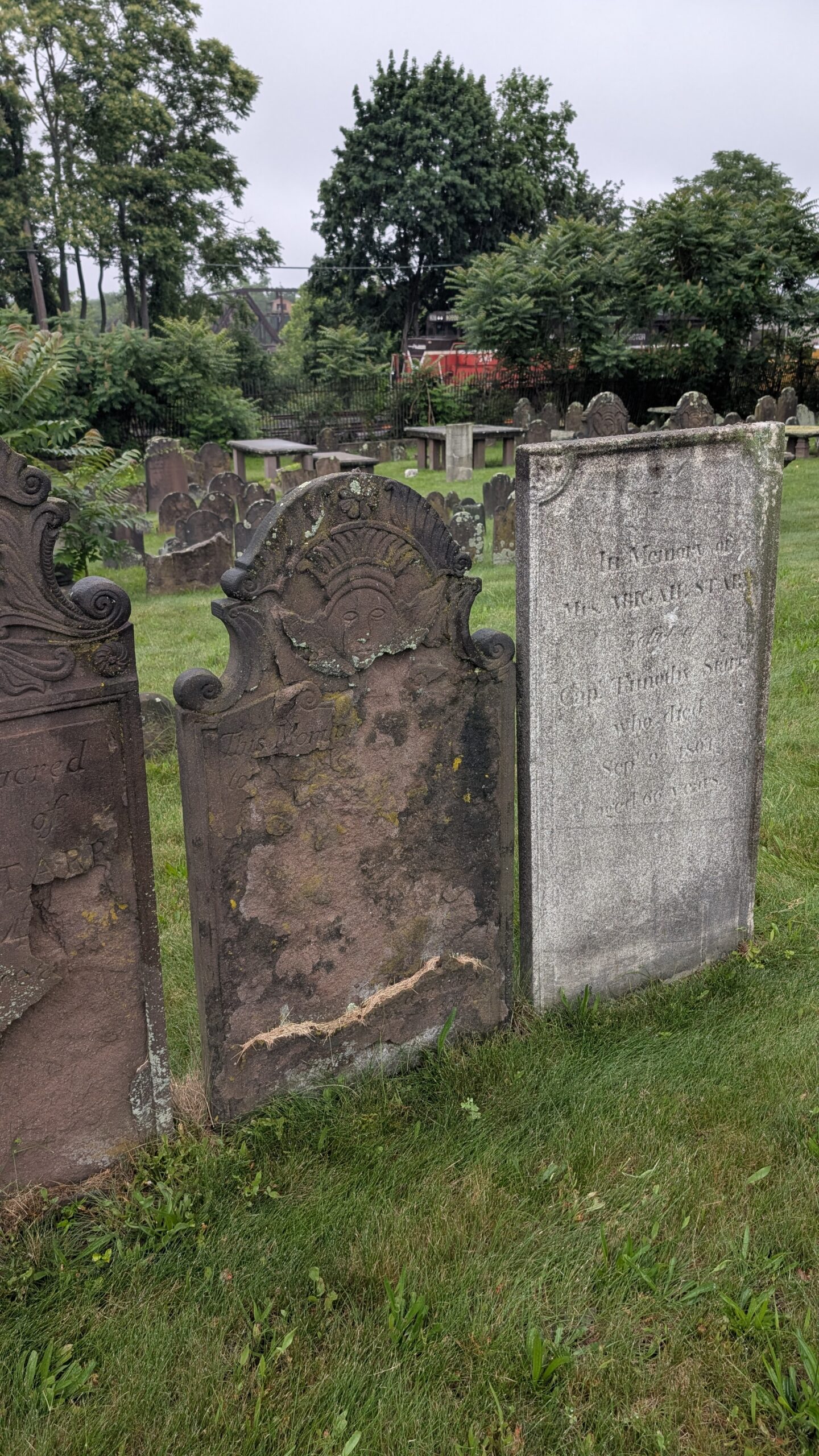 A grey cement grave marker sits next to a row of brownstone grave markers