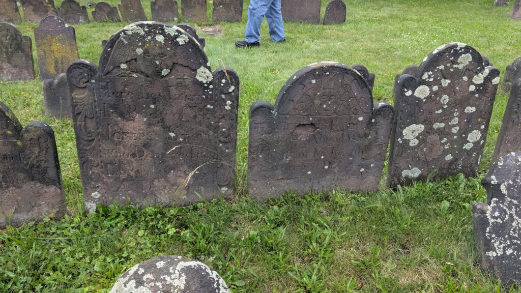 brownstone gravestones many covered in moss