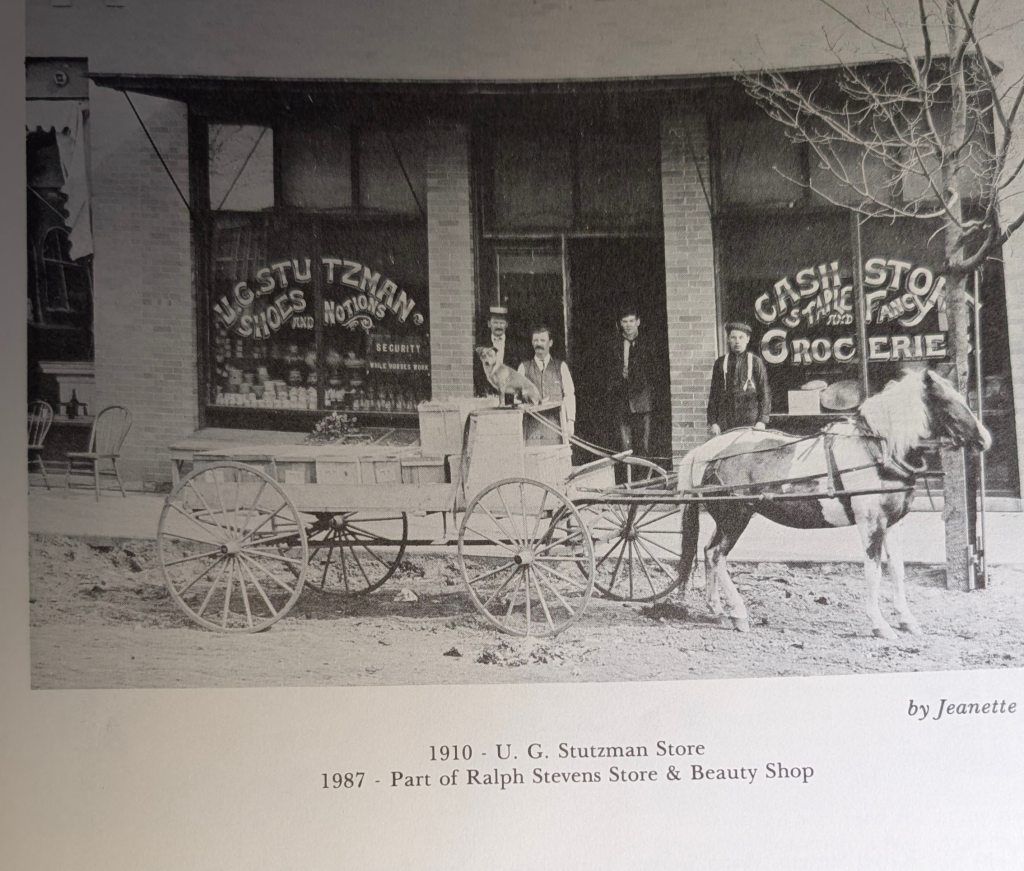 a horse and wagon stand in front of a general store