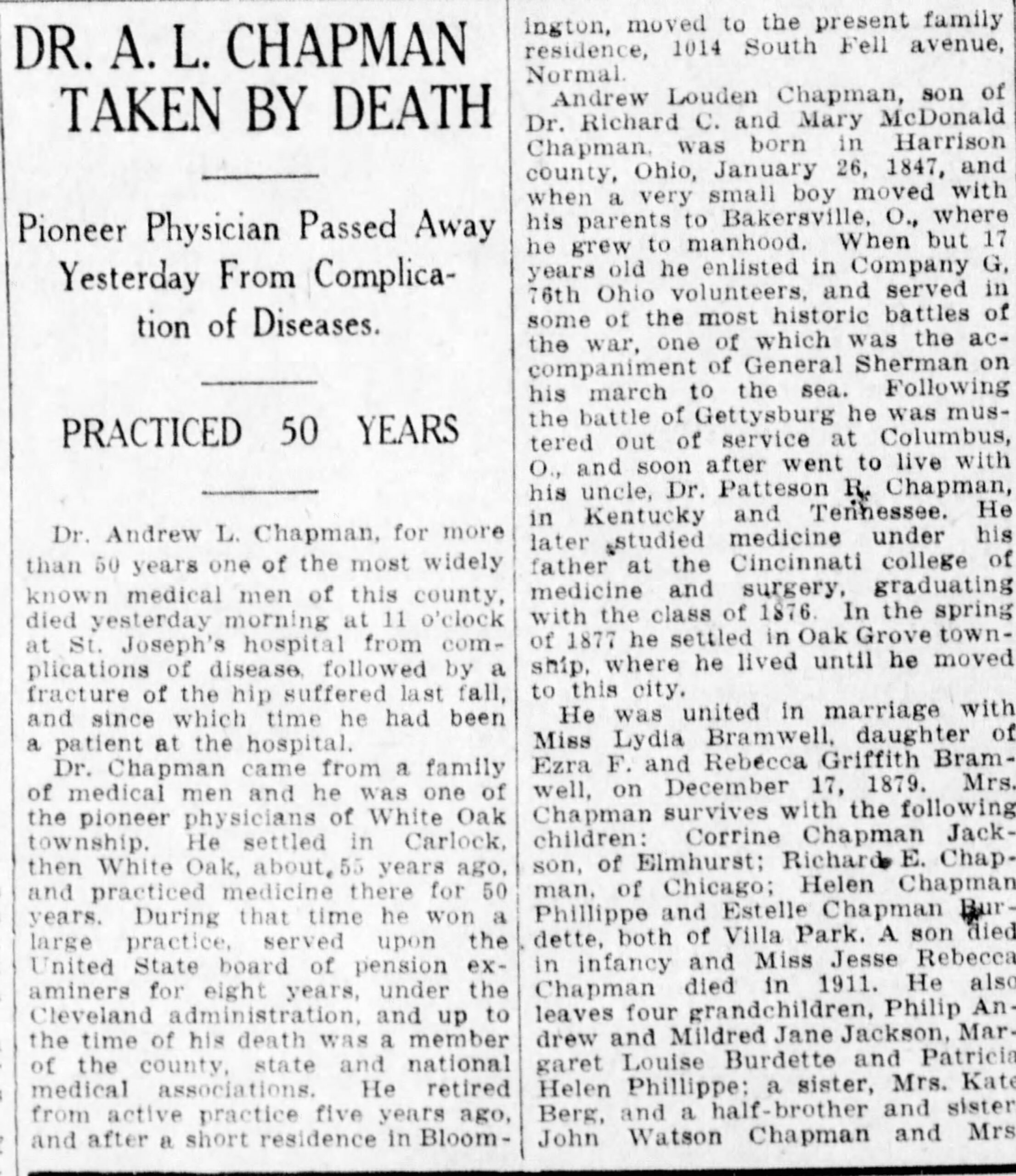 newspaper clipping of obituary for AL Chapman