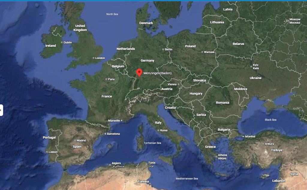 Map showing the location of Menzingen (Baden) in what is now East Central Germany
