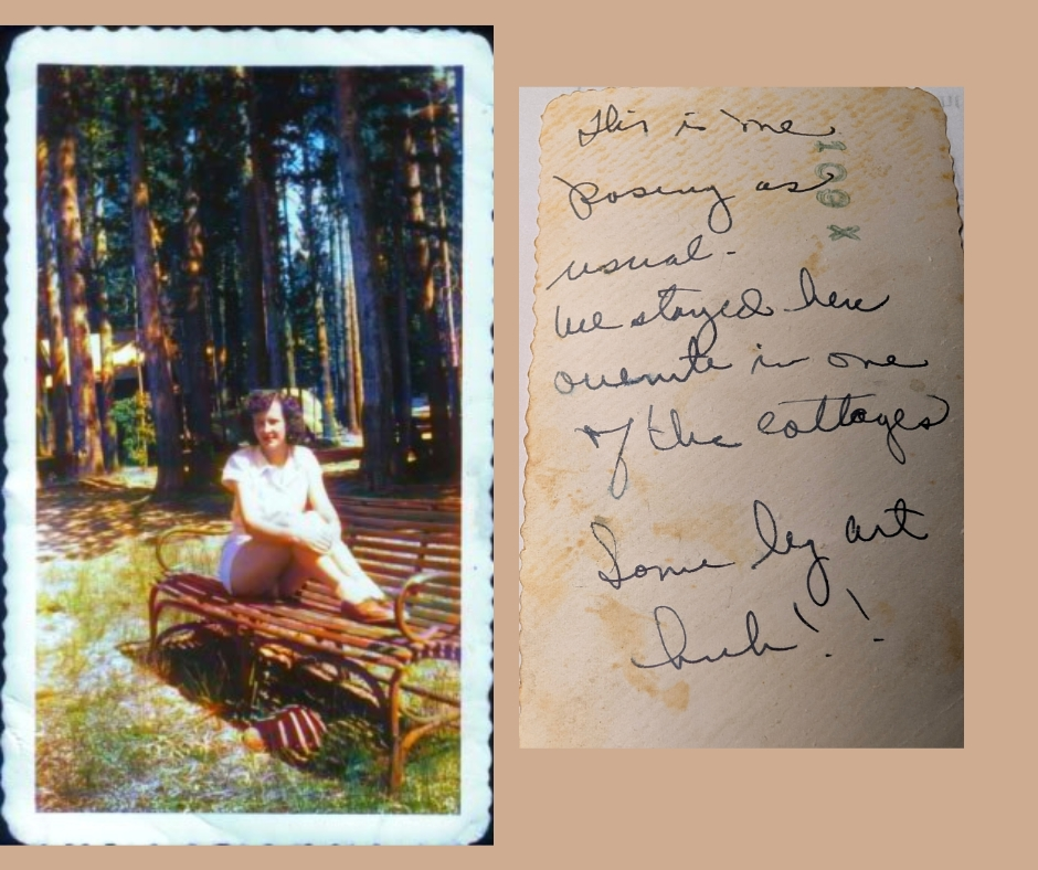 "This is me posing as usual. We stayed here overnight in one of the cottages. Some leg art huh!!"

Ada Maehl early 50's