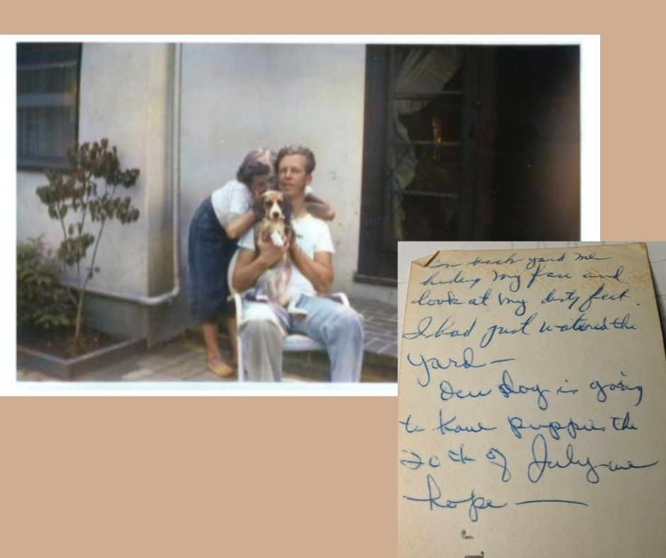 "In backyard hiding my face and look at my dirty feet. I had just watered the yard - Our dog is going to have puppies the 20th of July we hope--
Los Altos California Early 1950's