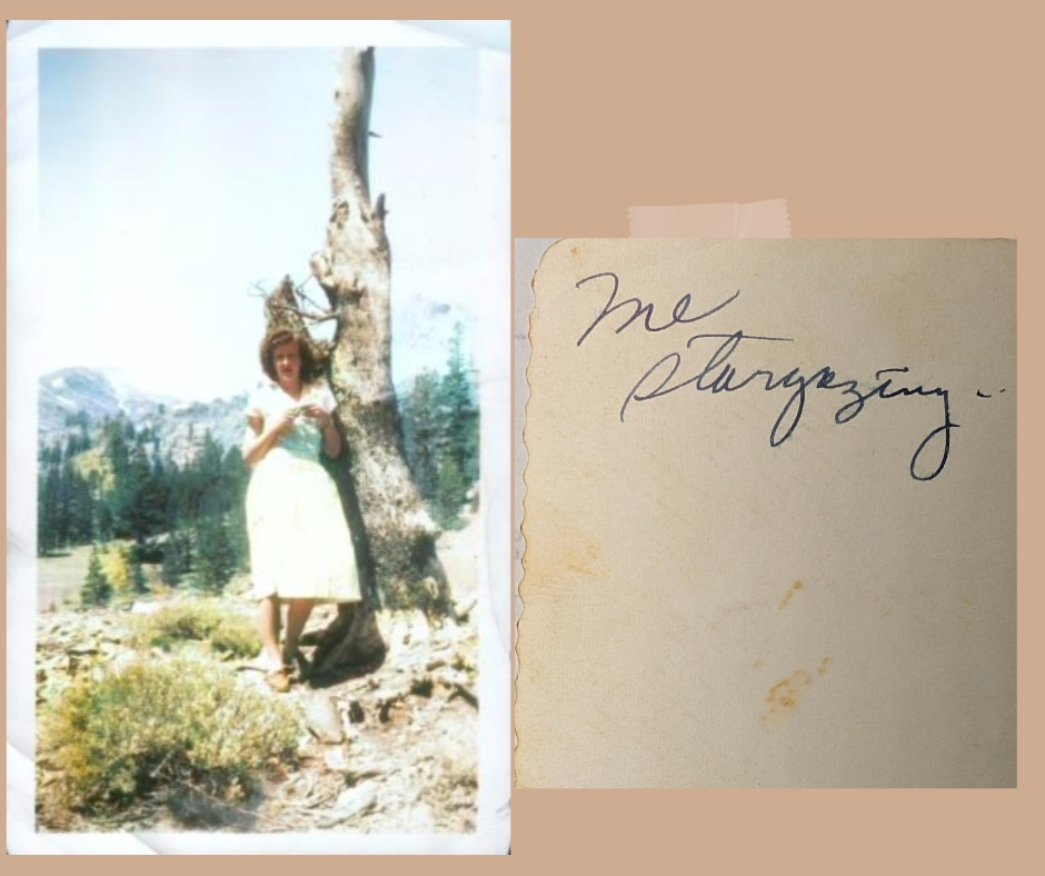 Ada vacationing in the hills probably near her home in Los Altos California, photo sent to Nita Carroll colorized, early 1950s Back says "me stargazing"