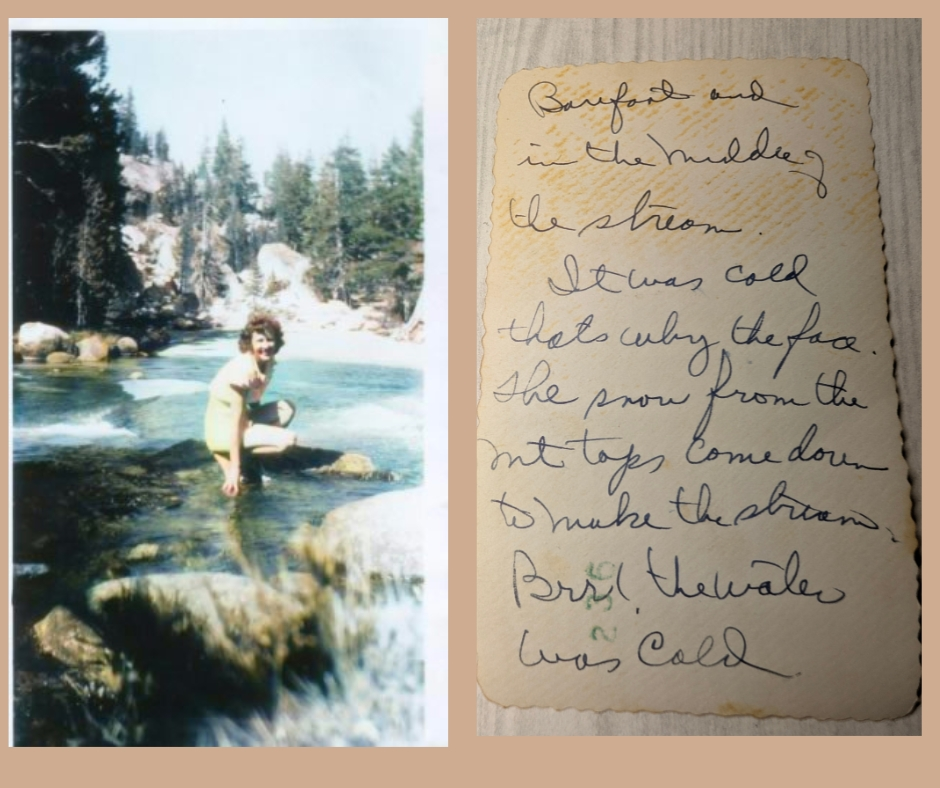 Ada in a stream probably near her home in Los Altos California, photo sent to Nita Carroll colorized, early 1950s